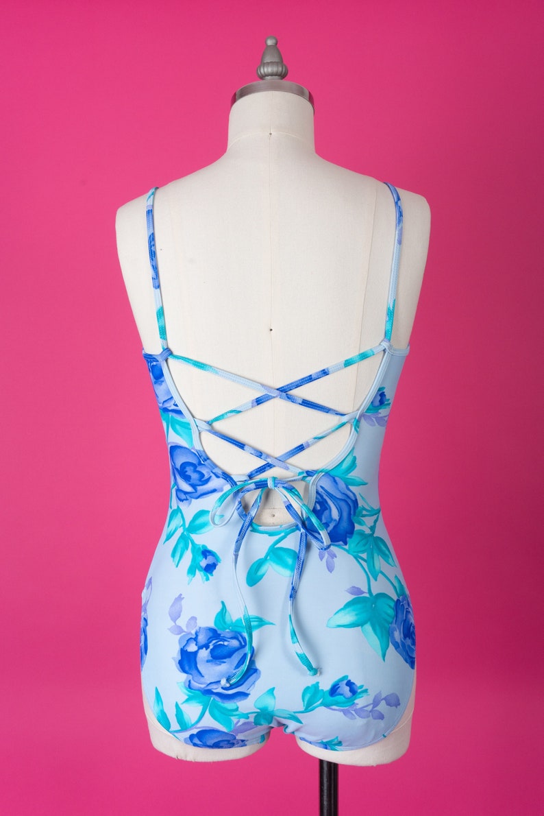 vintage 90s Floral Baja Blue Floral Rose Print One-Piece Swimsuit with Lace-Up Back and Matching Skirt image 2