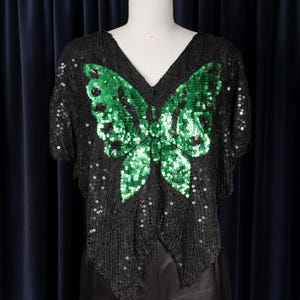 1970s Silk Sequin Butterfly Top with Green on Black