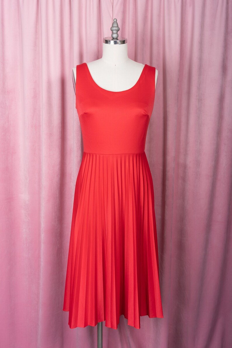 Vintage 1970s Tomato Red Polyester Perma Pleat Tank Dress image 1