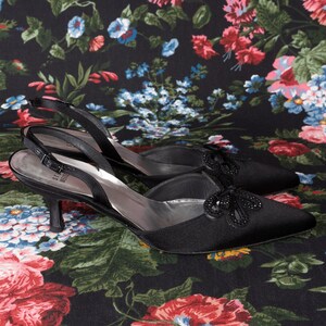 Stuart Weitzman Black Crystal Embellished Black Satin Pointy Toe Slingback Kitten Heels with Box 9 image 4