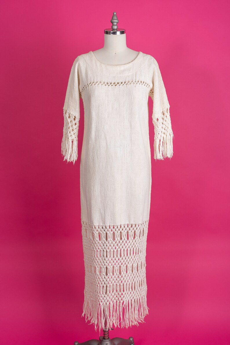 Incredible 1970s Handwoven Macramé Wedding Dress in Off-White Heavy Cotton M image 2