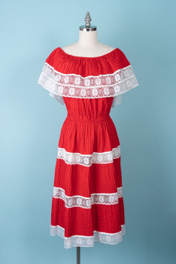 Gorgeous 70s/80s True Red Cotton Pintuck Mexican D