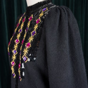 Vintage 80s Bejeweled Balloon Sleeve Black Wool Angora Sweater with Gems, Sequins, and Embroidery image 4