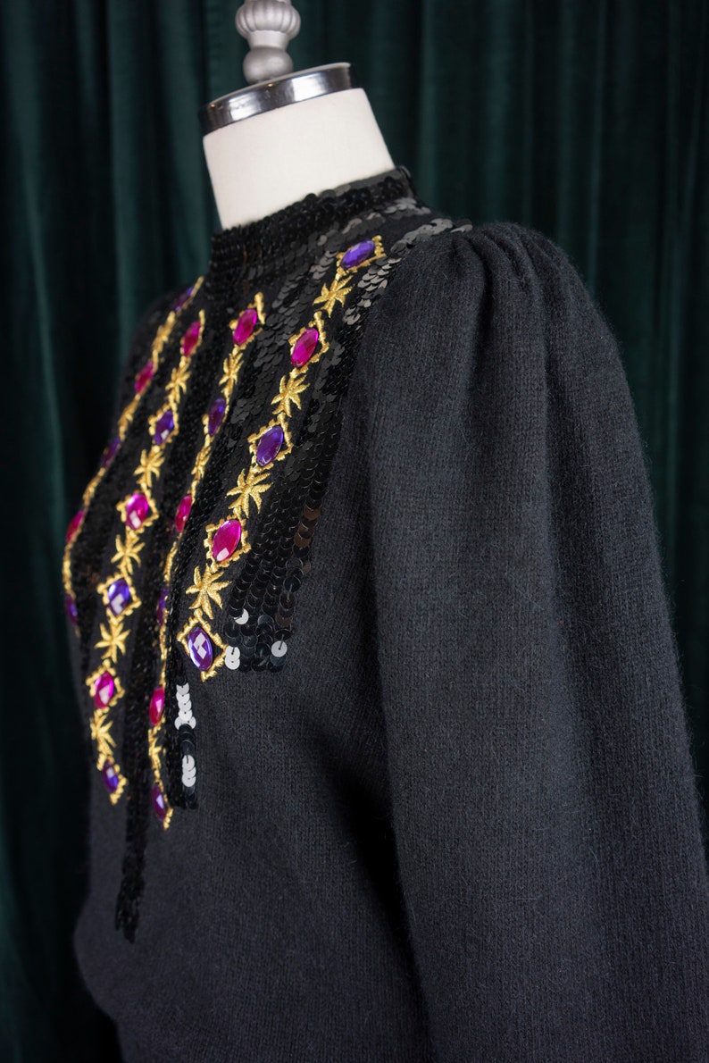 Vintage 80s Bejeweled Balloon Sleeve Black Wool Angora Sweater with Gems, Sequins, and Embroidery image 4