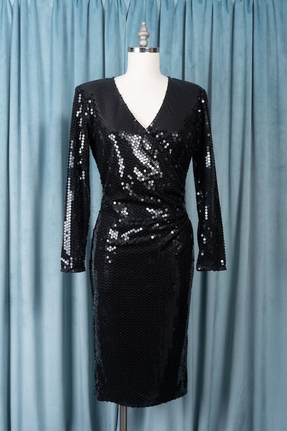 Sparkly 80s Black Stretch Sequin Ruched Sheath Dre
