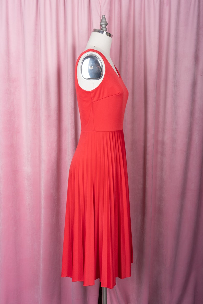 Vintage 1970s Tomato Red Polyester Perma Pleat Tank Dress image 4