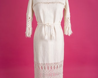 Incredible 1970s Handwoven Macramé Wedding Dress in Off-White Heavy Cotton (M)