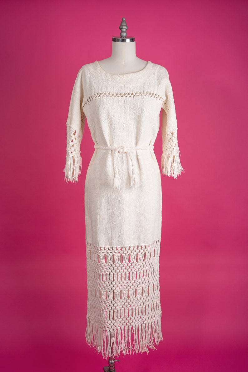 Incredible 1970s Handwoven Macramé Wedding Dress in Off-White Heavy Cotton M image 1
