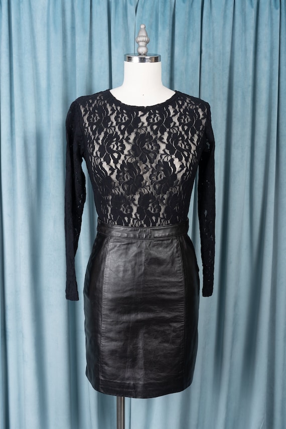 Black Genuine Leather Mini Skirt by Bermans Vtg 90