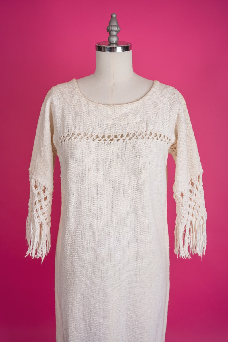 Incredible 1970s Handwoven Macramé Wedding Dress in Off-White Heavy Cotton M image 3