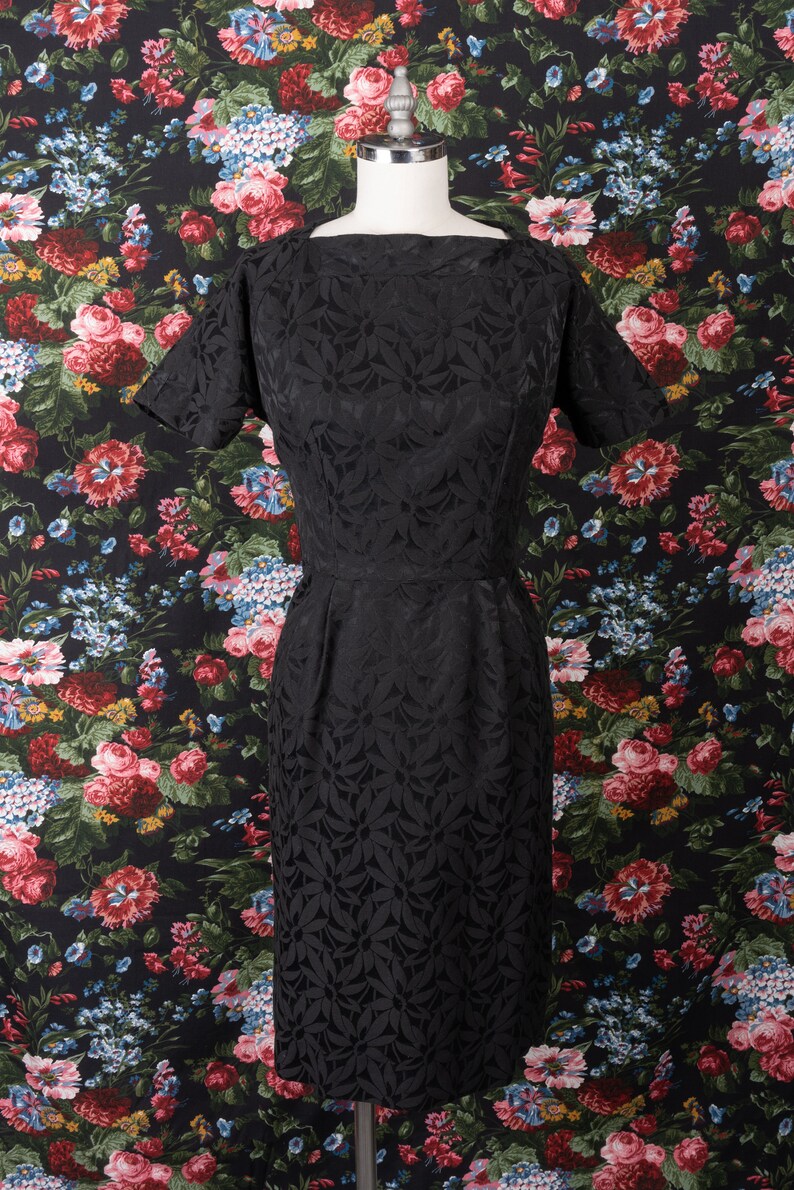 1960s Floral Print Jacquard Black Square Neck Day Dress by The Jones Girl image 2