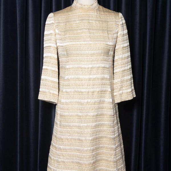 1960s Metallic Brocade Stripe Ivory A-Line Dress with Pockets