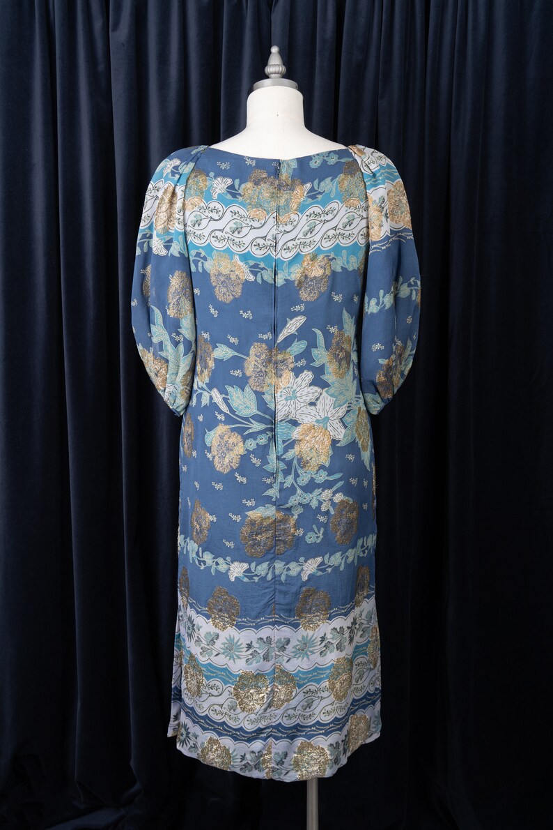 Vintage 1970's Metallic Floral Print Dress with Gathered Shoulders and Balloon Sleeves image 6