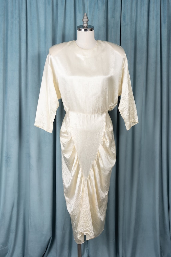 1980s Ivory Crinkle Satin Ruched Drape Party Dress