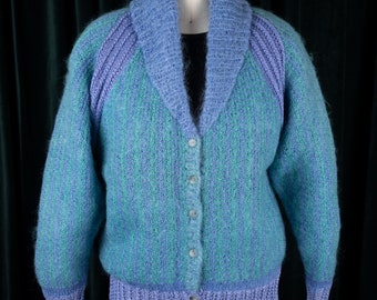 Gorgeous Barbara West Hand Knit Periwinkle Blue and Turquoise Mohair Shawl Collar Lined Jacket Sweater