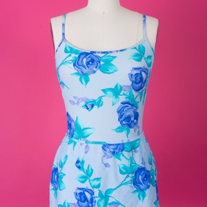 vintage 90s Floral Baja Blue Floral Rose Print One-Piece Swimsuit with Lace-Up Back and Matching Skirt image 5