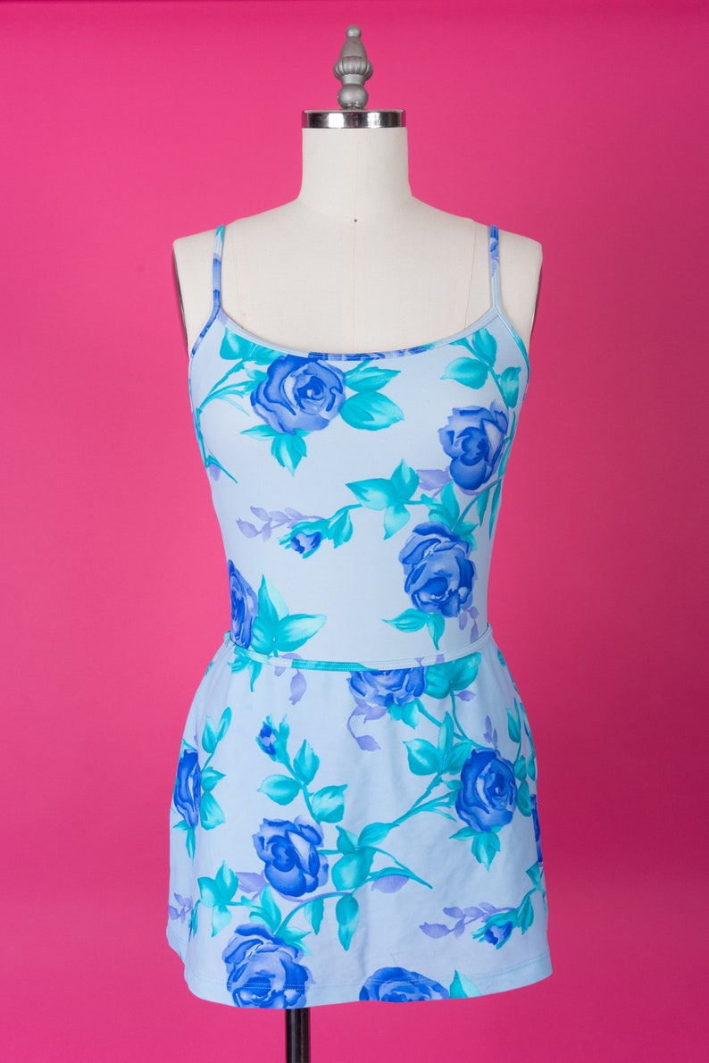 Vintage 90s Floral Baja Blue Floral Rose Print One-Piece Swimsuit with Lace-Up Back and Matching Skirt image 5