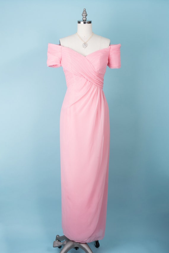 Dreamy 1960s Peony Pink Off-the-Shoulder Ruched Bo