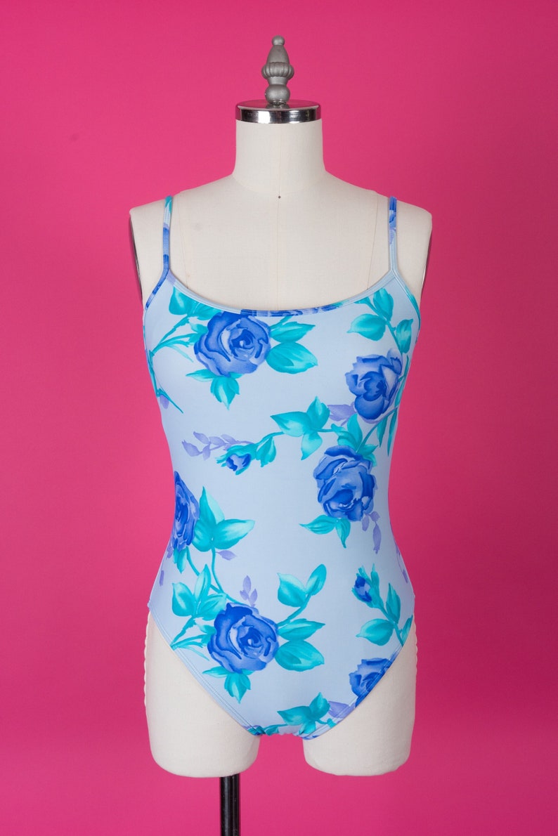 vintage 90s Floral Baja Blue Floral Rose Print One-Piece Swimsuit with Lace-Up Back and Matching Skirt image 1