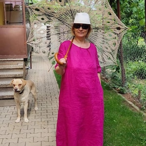 Linen big size women dress, linen kaftan, Linen dress with pockets, dress with short sleeves, Linen maxi pink dress/plus size linen dress