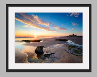 Sunset Dunstanburgh Castle Three Panel CANVAS WALL ART Box Frame Picture
