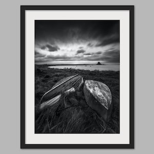 Holy Island Lindisfarne Castle Boats - Black and White Photographic Print, Canvas, Wall Art, Photo Print