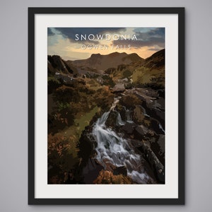 May include: A digital illustration of a waterfall in Snowdonia National Park in Wales. The image is titled "Snowdonia - Ogwen Falls".