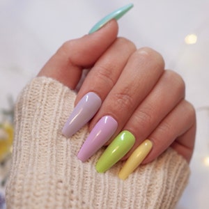 Pastel Spring Rainbow Nails/ Press on Nails/ 10 Reusable Nails/ Coffin Nails/ Pastel Nails/ Spring Nails/ Fake Nails