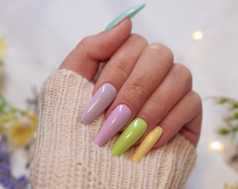 Pastel Spring Rainbow Nails/ Press on Nails/ 10 Reusable Nails/ Coffin Nails/ Pastel Nails/ Spring Nails/ Fake Nails