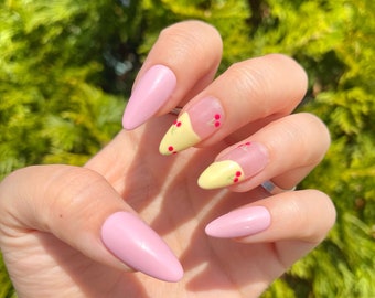 Cherry Nails/Spring Nails/Fake Nails/Abstract Cherry Nails/Pink and Yellow Nails/Press on Nails