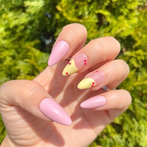 Cherry Nails/Spring Nails/Fake Nails/Abstract Cherry Nails/Pink and Yellow Nails/Press on Nails