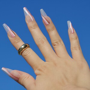 Pink White Abstract Nails/Swirly Nails/Press on Nails/Reusable Nails/Trendy Nails/Gold Abstract Nails