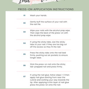 May include: A pink and white illustrated guide with instructions on how to apply press-on nails. The guide includes steps for using sticky tabs or nail glue. The text includes the phrase "Imagination Nails" and the Instagram handle "@imagination.nail".