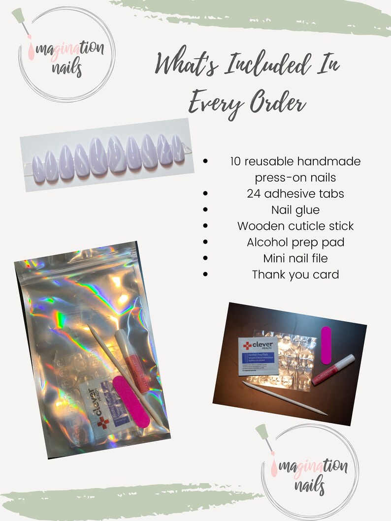 May include: A set of 10 reusable press-on nails with a white and light purple swirl design. The set includes 24 adhesive tabs, nail glue, a wooden cuticle stick, an alcohol prep pad, a mini nail file, and a thank you card.