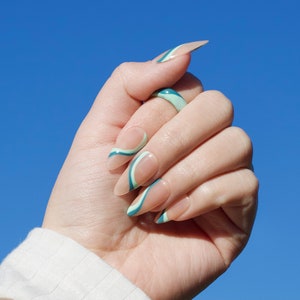 Blue-green Abstract Nails/Abstract Nails/ Press on Nails/ Handpainted Nails/Trendy Nails image 4