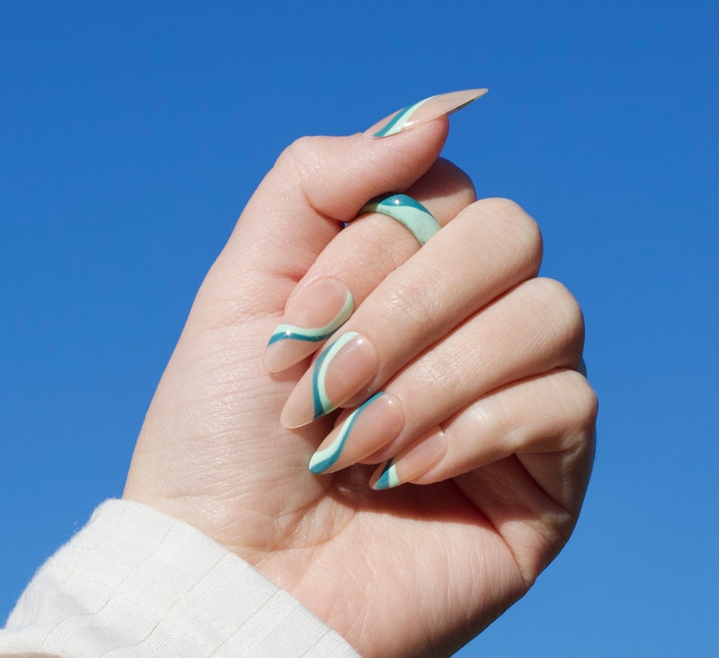 Blue-green Abstract Nails/Abstract Nails/ Press on Nails/ Handpainted Nails/Trendy Nails image 4