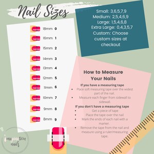 Puede incluir: Un gr&aacute;fico que muestra diferentes tama&ntilde;os de u&ntilde;as en mil&iacute;metros, con n&uacute;meros correspondientes para cada tama&ntilde;o. El gr&aacute;fico tambi&eacute;n incluye una gu&iacute;a sobre c&oacute;mo medir tus u&ntilde;as usando una cinta m&eacute;trica o un trozo de cinta adhesiva. El texto incluye las palabras "Nail Sizes", "How to Measure Your Nails", "If you have a measuring tape", "If you don't have a measuring tape", "Small", "Medium", "Large", "Extra Large", "Custom", "Choose custom sizes at checkout", "Place soft measuring tape over the widest part of the nail", "Measure each finger from sidewall to sidewall", "Get a piece of tape", "Place the tape over the nail", "Mark the ends of each nail with a marker", "Remove the tape from the nail and measure using a ruler/measuring tape".