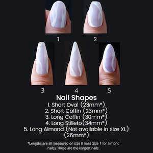 May include: Five different nail shapes are shown with a white and light purple marble design. The shapes are: short oval, short coffin, long coffin, long stiletto, and long almond. The text below the images reads "Nail Shapes" and lists the shapes with their corresponding lengths in millimeters.