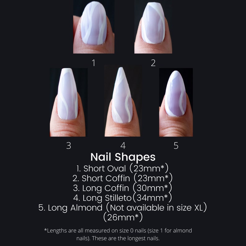May include: Five different nail shapes are shown with a white and light purple marble design. The shapes are: short oval, short coffin, long coffin, long stiletto, and long almond. The text below the images reads "Nail Shapes" and lists the shapes with their corresponding lengths in millimeters.