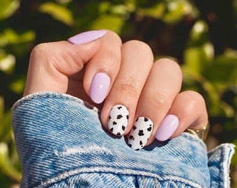 Cow Print Nails / Press on Nails / Pastel / Handpainted /Short Oval Nails/ 10 Reusable Press on Nails