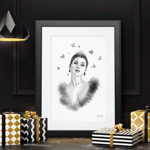 Regina, Arte di una donna forte e indipendente, Stampa artistica di farfalle, Donna con corona, Autostima, Arte murale della regina, Bella donna,