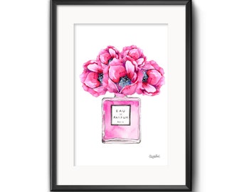 Pink Watercolour Perfume Print with Flowers, Bedroom Decor, Watercolour Painting, Wall Art, Pink Perfume Art Print, Dressing Room Decor,