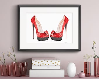 Red Shoes Wall Art, Fashion Watercolour, Watercolour Painting, Shoe Fashion Prints, Fashion Home Decor, Fashion Illustration, Red Shoe Print