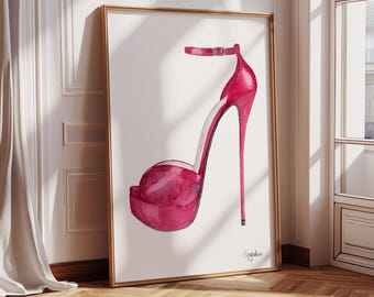 Pink High Heel Wall Art, Fashion Watercolour, Watercolour Painting, Shoe Fashion Prints, Fashion Home Decor, Fashion Illustration, High Heel