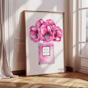 Rosa Aquarell Parfüm Druck mit Blumen, Schlafzimmer Dekor, Aquarell Malerei, Wand Kunst, Rosa Parfüm Kunstdruck, Ankleidezimmer Dekor,
