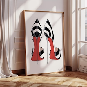 Hoge hakken kunstprint, modekunst aan de muur, schoenen mode print, mode illustratie, digitale tekening, hoge hakken mode print, slaapkamer kunst,