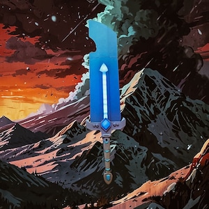 May include: A blue and silver sword with a glowing blue blade, floating in front of a mountain range with a stormy sky. The text "TROLL HUNTER" is at the bottom of the image.