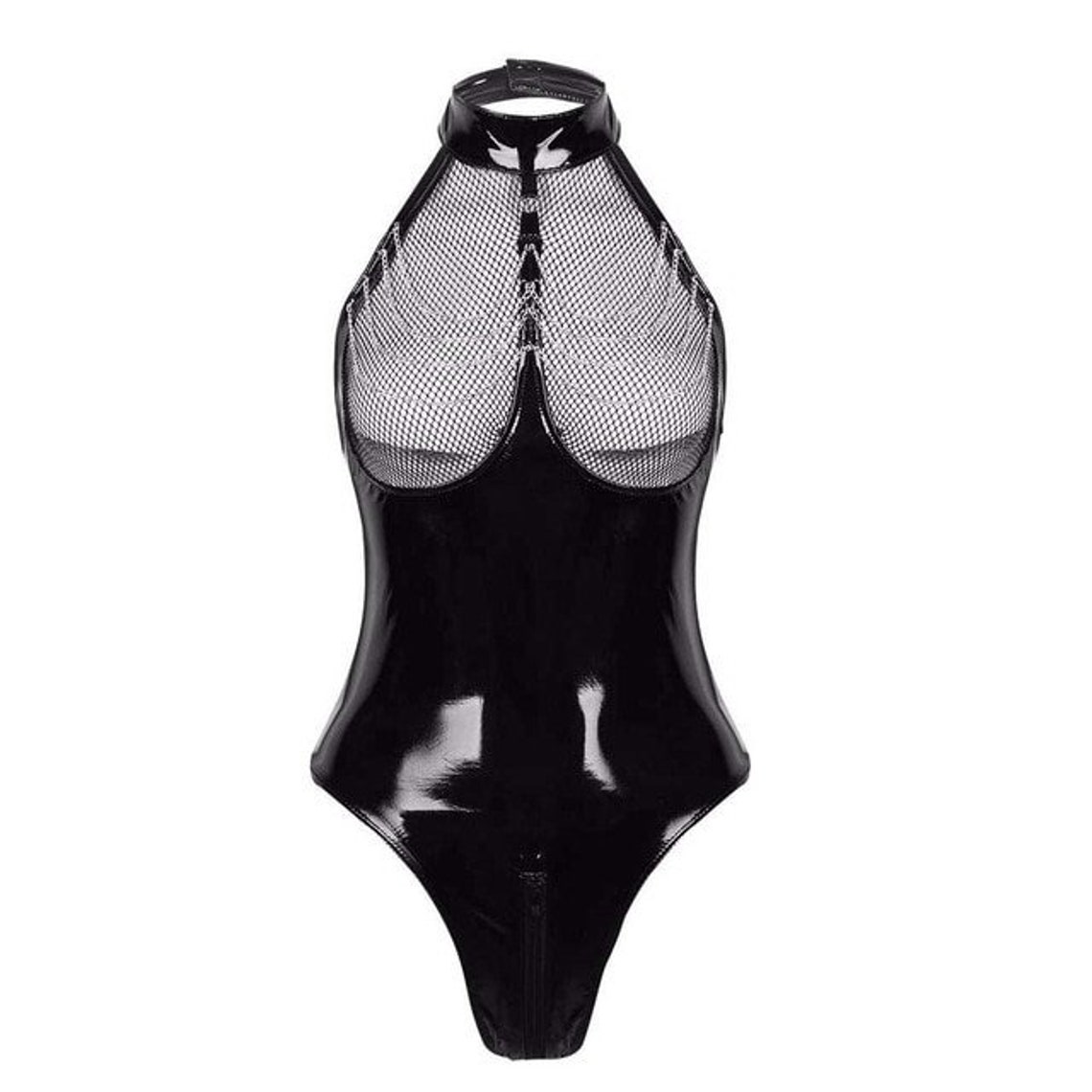 Pu Leather Crotchless Bodysuit Etsy