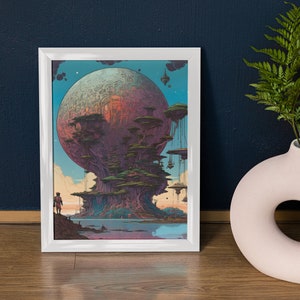 May include: A framed art print featuring a surreal landscape with a large, spherical structure and floating islands. The artwork is dominated by shades of purple, blue, and green, with a figure standing on a shore. The print is in a white frame.