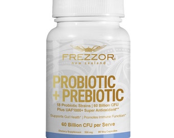 FREZZOR Probiotic + Prebiotic Capsules, Once Daily 60 Billion CFUs, Digestive Health for Men and Women, 18 Strains, 90 caps, 1 Month Supply